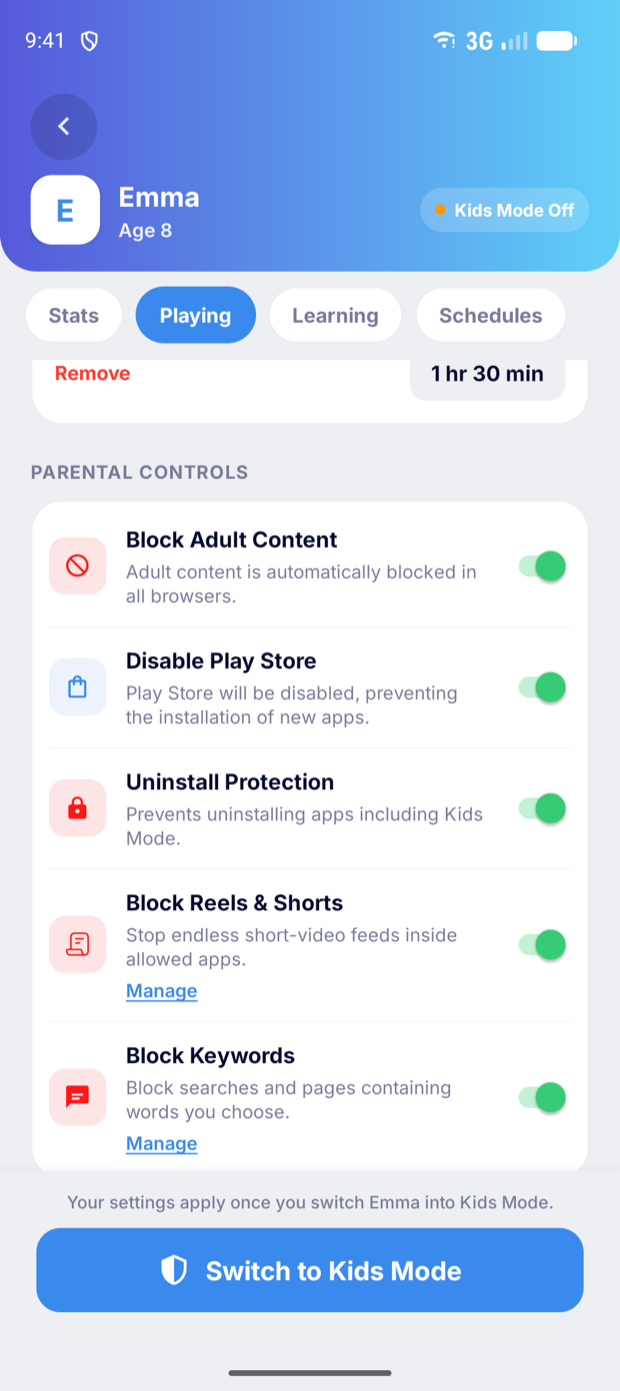 Parental controls including adult content and keyword blocking
