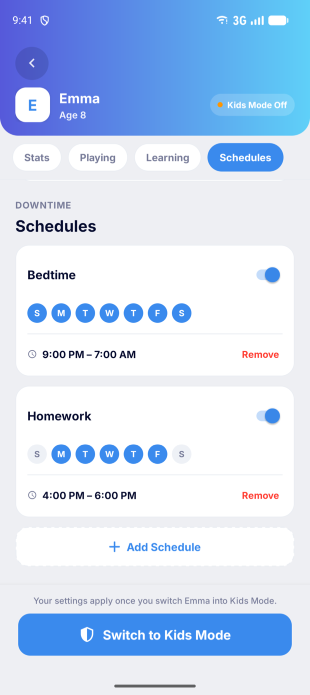 Bedtime and homework downtime schedules
